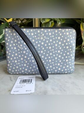 Coach Light Blue Star-Print Wristlet with Navy Strap